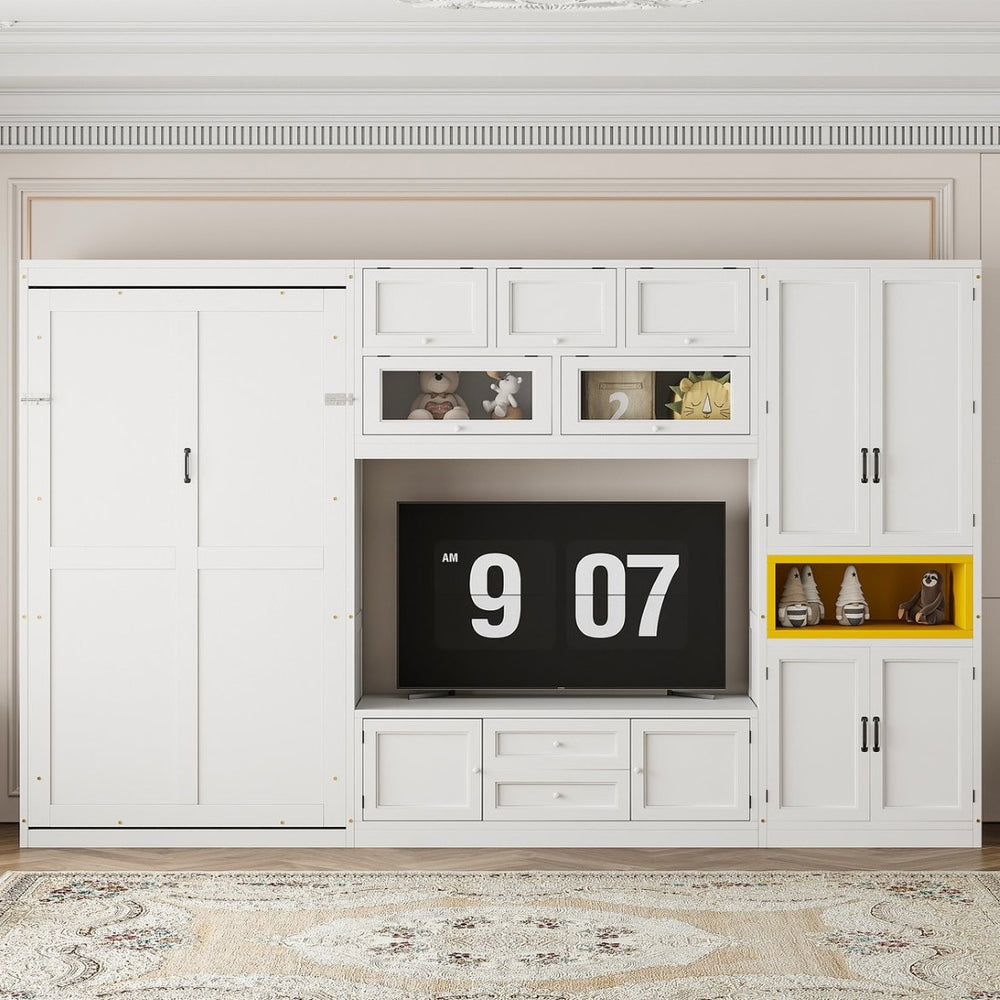 English Elm Twin Murphy Wall Bed with Integrated Tv Stand Open Shelving and Cabinet Storage LP000768AAK