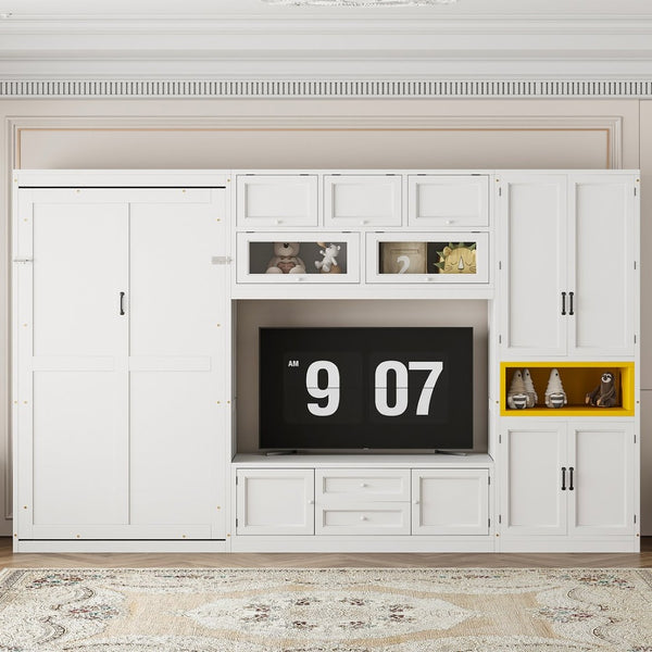 English Elm Twin Murphy Wall Bed with Integrated Tv Stand Open Shelving and Cabinet Storage LP000768AAK