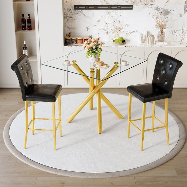 English Elm Modern Tempered Glass Pub Set with Gold Chrome Base and Black Pu Leather Stools W3875S00039