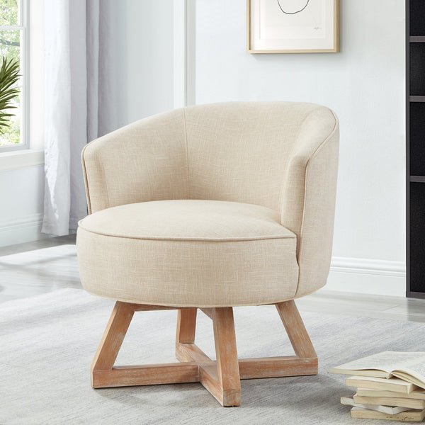 English Elm Swivel chair with solid rubberwood cross base, 360° smooth rotation, ergonomic linen upholstery for home comfort Beige W2186P166254