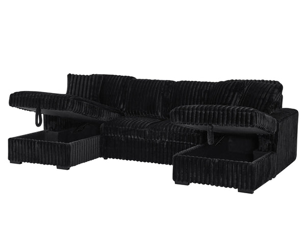 English Elm U U Shaped Sleeper Sofa with Pull-Out Bed and Hidden Chaise Storage, Plush Corduroy Comfort Black W1417S00136