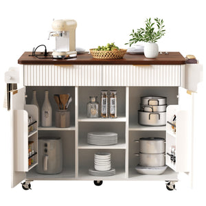 English Elm K&k Fluted Rolling Kitchen Island Faux Marble Top Power Outlet Drop Leaf Storage White N707S000019W