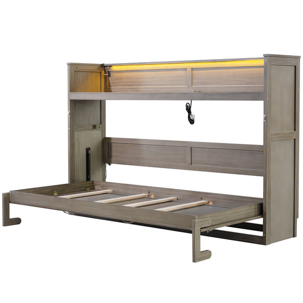 English Elm Twin XL Murphy Bed with Desk, LED Lighting and USB Charging Station — Space-Saving Solid Pine Design Gray Wash N7090005001N