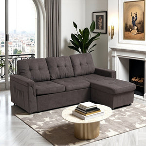 English Elm Upholstered L-Shaped Sleeper Sofa with Reversible Storage, Pull-Out Bed & Breathable Flannel Finish W3138S00001
