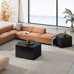 English Elm Irregular Geometric Nesting Coffee Table Set with Durable MDF Finish, Space-Saving Modern Accent Tables Set Black W757P206011