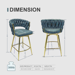 English Elm 26" Suede Woven Bar Chair Set of 2 - Blue Technical Leather 360° Swivel, Gold Legs, Counter Height Comfort W2189132047