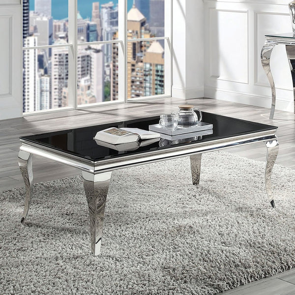 English Elm Glam Stainless Steel Coffee Table with Beveled Tempered Glass Top and Elegant Cabriole-Style Legs Black,Silver 55 L x 30 W x 4 H B011S01173