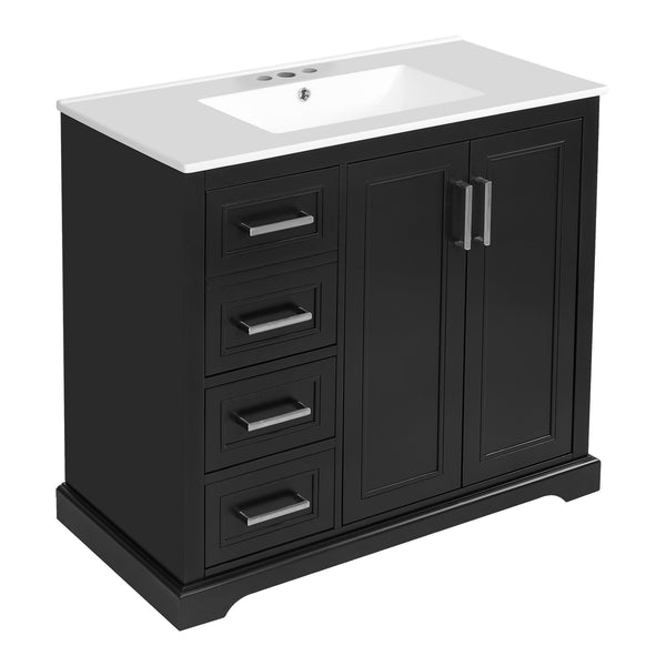 English Elm 36" Modern Bathroom Vanity with Ceramic Sink, Soft-Close Doors, 3 Drawers & Ample Storage for Small Baths Black N729P280194B
