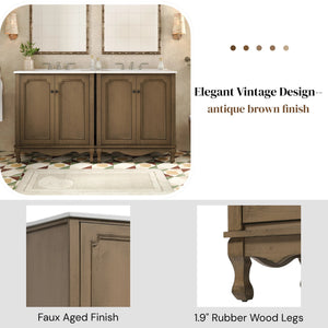 English Elm Christopher Knight Home® - 60" Retro Double Sink Bathroom Vanity Set with Soft-Close Doors, Adjustable Shelves, Rubberwood Legs Antique brown N817P245317L