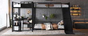 English Elm L-shaped Metal Triple Bunk Bed with Slide Desk and Storage for Shared Kids Rooms W1580S00568