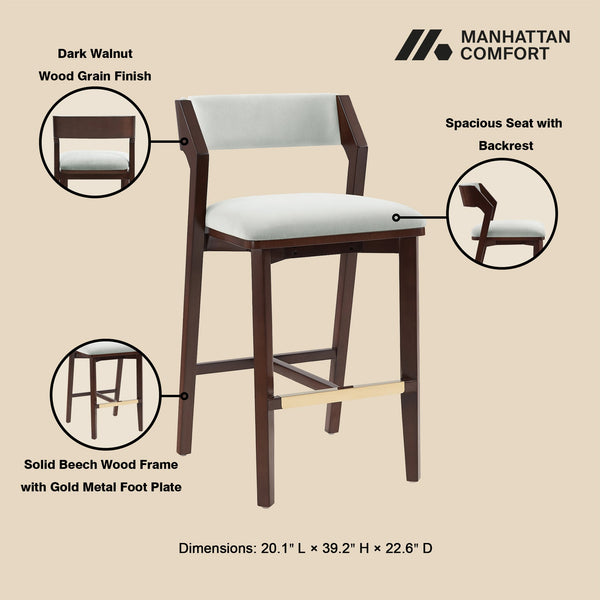 English Elm Patricia Velvet Upholstered Barstool with Dark Walnut Frame, Gold Footrest Accent, Commercial Grade White B365P398048