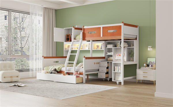 English Elm Twin Over Full Wooden Bunk Bed With Desk, Storage Drawers, Shelves & Led Lights - Stylish & Functional N820S00064K-GIGA