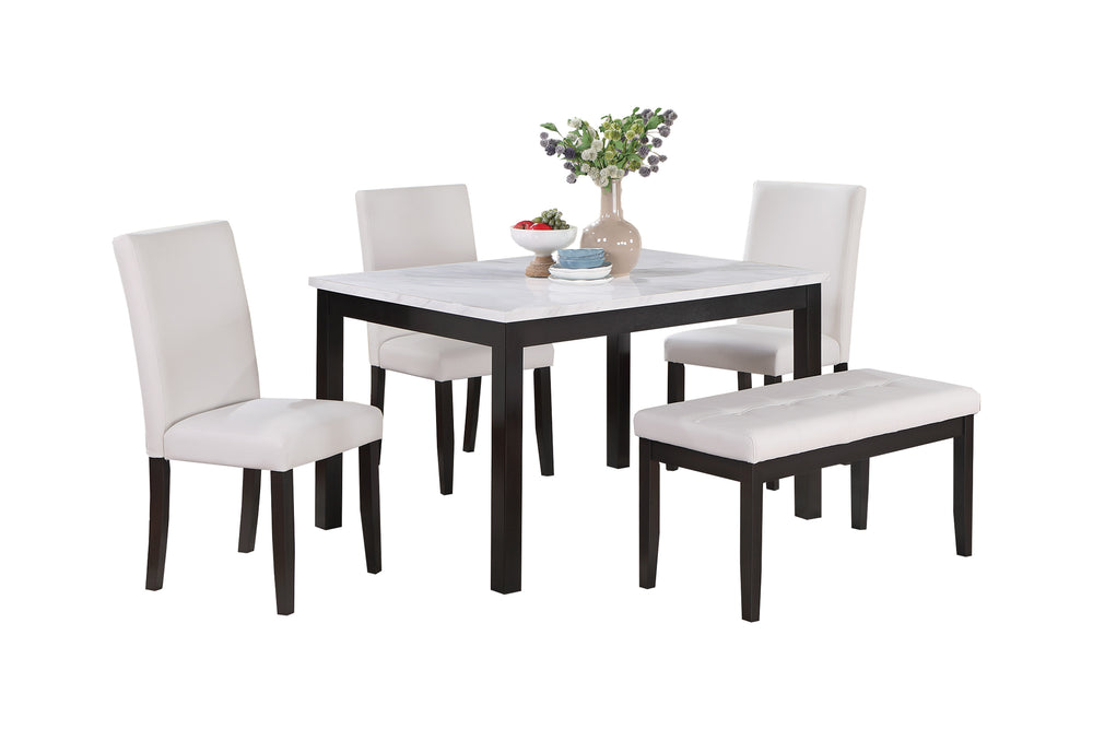 English Elm 5 5-Piece Dining Set with Faux Marble Top, White Two-Tone Finish, Upholstered Chairs & Bench — Elegant Comfort for Small Spaces B089P390144