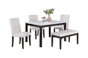 English Elm 5 5-Piece Dining Set with Faux Marble Top, White Two-Tone Finish, Upholstered Chairs & Bench — Elegant Comfort for Small Spaces B089P390144