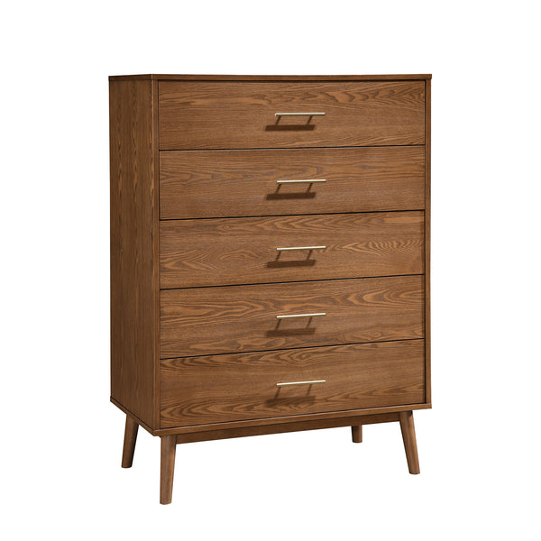 English Elm Walnut Mid-Century 5-Drawer Chest with Nickel Bar Pulls, Solid Wood Veneer, Anti-Tip System, 33.5"W x 17.5"D x 47.5"H Walnut 36 L x 21 W x 45 H B2741P361150