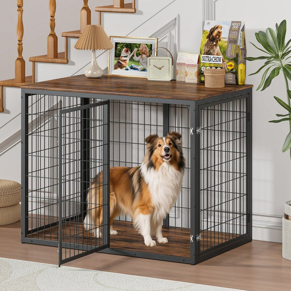 English Elm 47'' Furniture Style Dog Crate with 3 Doors Large Breed Cabinet Side Table Grey W1820P356885