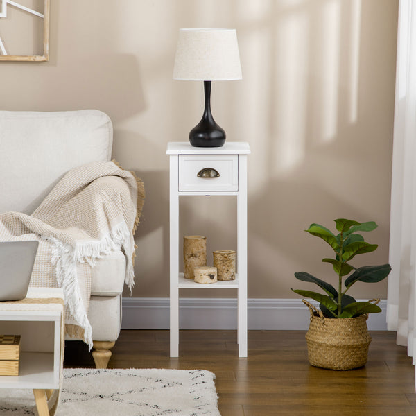 English Elm HOMCOM Narrow 2-Tier Side Table with Drawer and Elevated Shelf — Slim Accent End Table, Sturdy Storage White W2225P200905