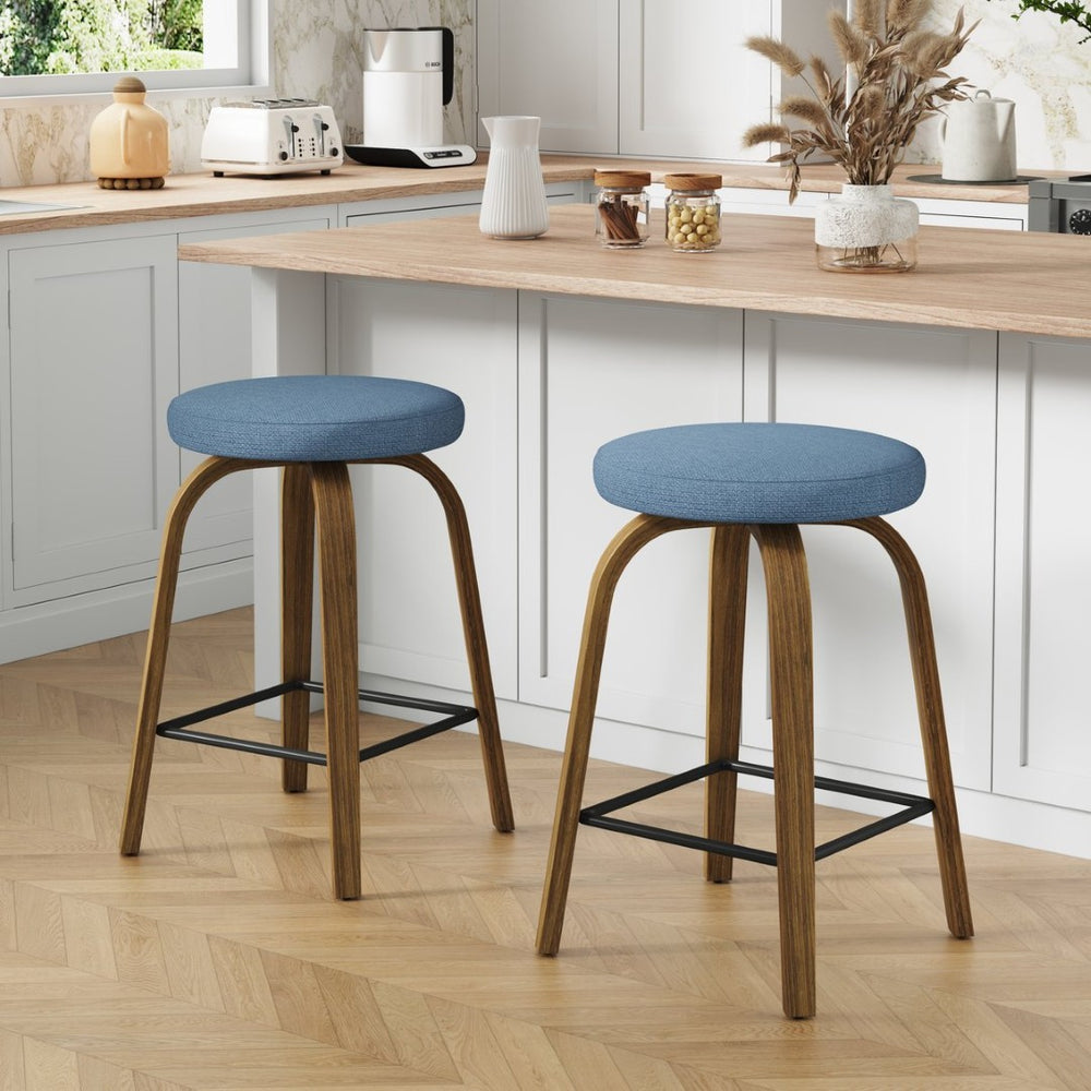English Elm Swivel Backless Counter Stools Set of 2 with Fabric Seat Bentwood Legs Mid-century Modern Blue W3107P446977