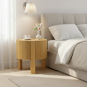 English Elm Round Fluted Rubberwood Side Table with Soft Close Storage for Modern Living Spaces N735P369881N