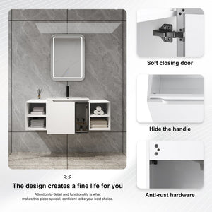 English Elm 48" Floating Bathroom Vanity with Ceramic Sink Soft Close Doors and Grey Glass Panel W999S00529