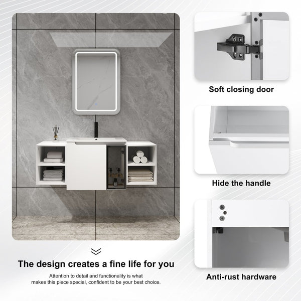 English Elm 48" Floating Bathroom Vanity with Ceramic Sink Soft Close Doors and Grey Glass Panel W999S00529
