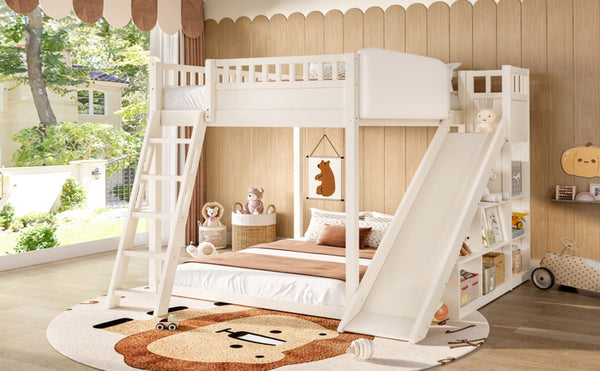 English Elm Full Size Kids Loft Bed Pine Frame Upholstered Headboard Built in Slide and Storage Shelves Beige W1580S00305