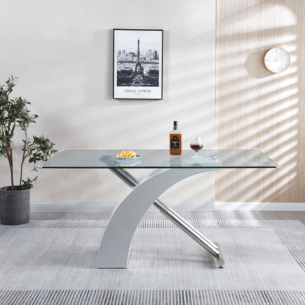 English Elm Rectangular Glass Top Dining Table with Chrome Accents and Lacquer Stainless Steel Base for Modern Homes Silver+White W1241S00378