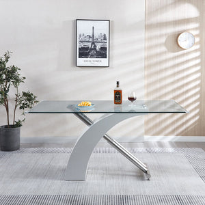 English Elm Rectangular Glass Top Dining Table with Chrome Accents and Lacquer Stainless Steel Base for Modern Homes Silver+White W1241S00378