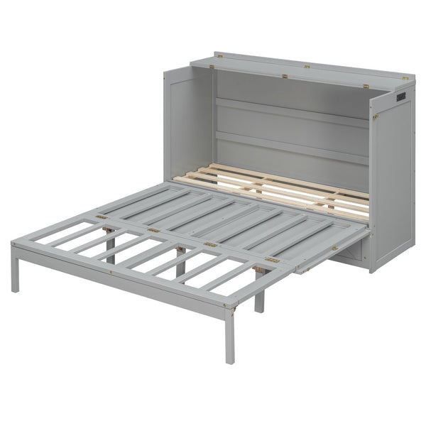 English Elm Queen Murphy Wall Bed Cabinet with Storage Drawer Built-in Power Outlets Usb Ports Gray LP000400AAE-1