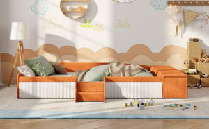 English Elm Queen Velvet Daybed with Built-in Stairs Gas Lift Storage and Padded Safety Rails Brown+White SF000203AAD