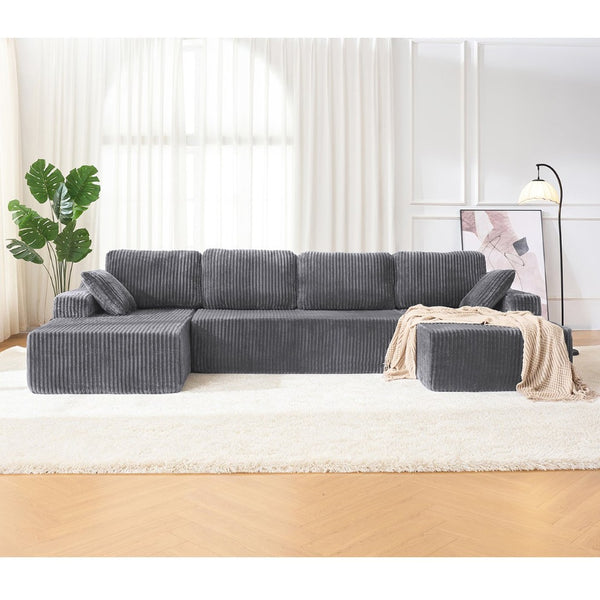 English Elm U-shaped Corduroy Cloud Sectional Sofa with Pocket Springs and Modular Living Room Seating Dark Gray W3366S00002