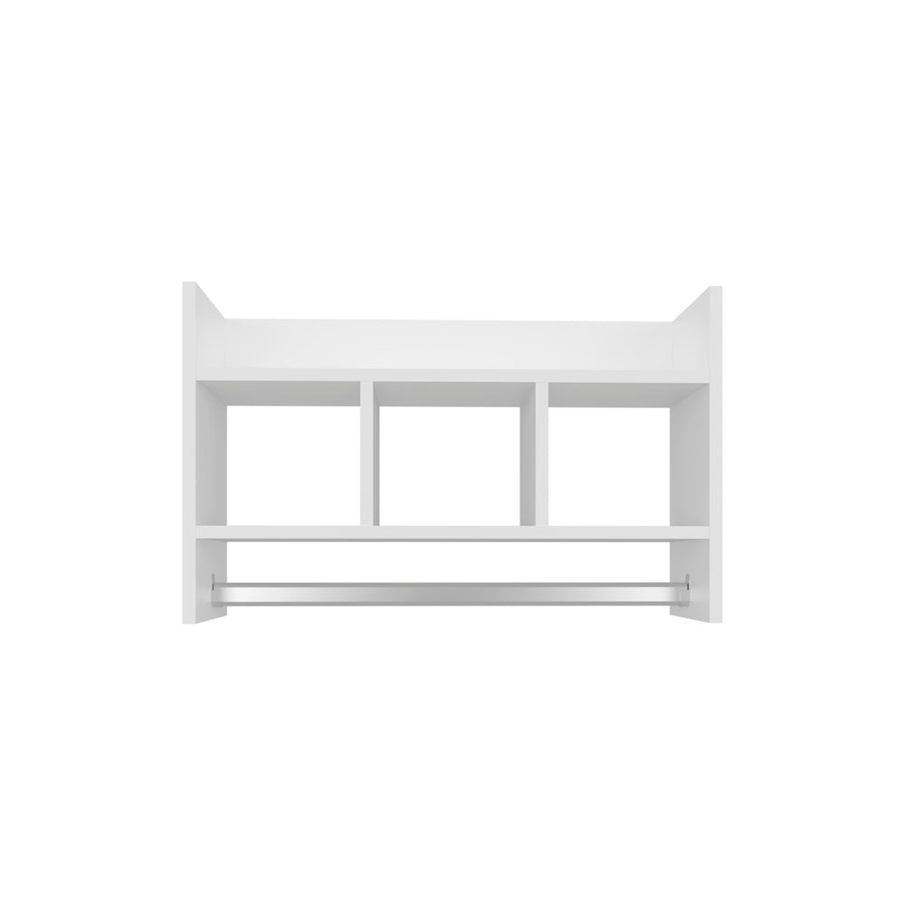 English Elm Bathroom Wall Shelf with Towel Bar — Space-Saving White Engineered Wood Organizer with Wide Top Shelf and 3 Middle Shelves for Towels and Toiletries B200P368102