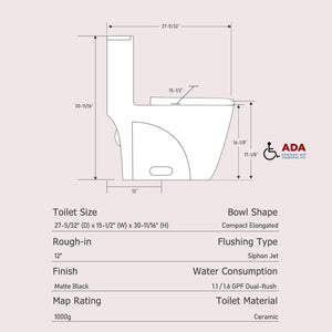 English Elm One-piece Elongated Porcelain Toilet Dual Flush Ada Comfort Height Soft Close Seat Black W1920P420642