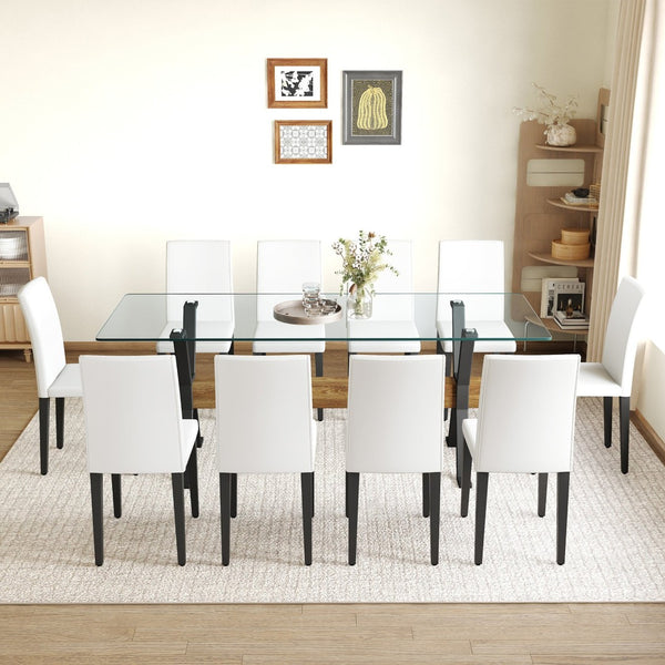 English Elm Table And Chair Set - Modern 79" Tempered Glass Dining Table With X-Shaped Legs & 10 Pu Chairs W1151S03623-GIGA