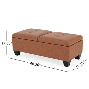 English Elm Christopher Knight Home® - LANISTER Storage Ottoman DBL TOP - Brown/Tan PU Leather, Sturdy Wood Frame, Cushioned Seating & Hidden Storage (47x22x18.25) N757P263031T