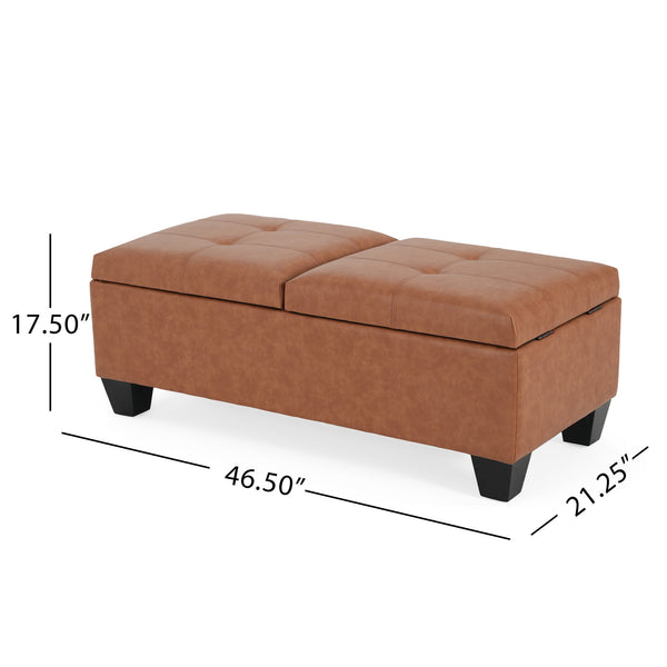 English Elm Christopher Knight Home® - LANISTER Storage Ottoman DBL TOP - Brown/Tan PU Leather, Sturdy Wood Frame, Cushioned Seating & Hidden Storage (47x22x18.25) N757P263031T