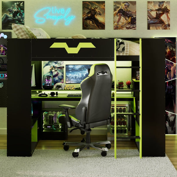 English Elm Full Size Gaming Loft Bed with Rgb Lighting Built-in Desk and Usb Charging Ports Green LT000275AAF