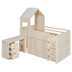English Elm Twin House Loft Bed with Pull Out Rolling Desk Stair Drawers and Cabinet Storage Beige N820S00072A