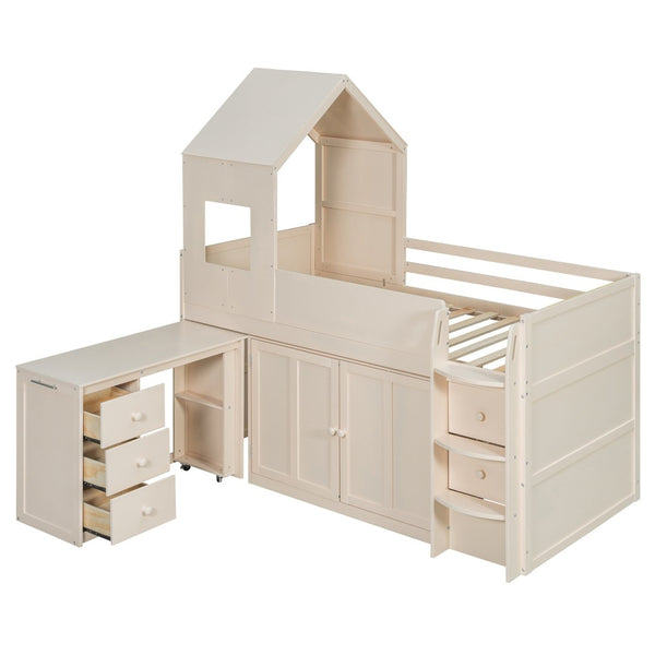 English Elm Twin House Loft Bed with Pull Out Rolling Desk Stair Drawers and Cabinet Storage Beige N820S00072A