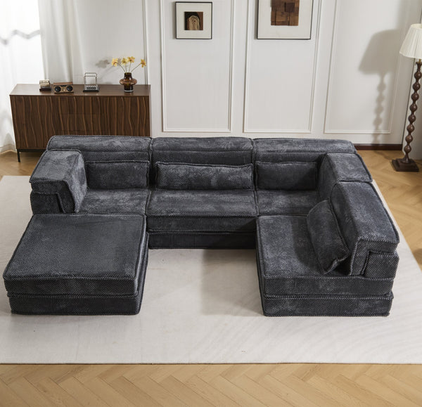 English Elm Compression Mahjong Sofa - Oversized Modular Floor Bed With Ottoman, No Assembly, Soft Fleece Fabric W3723S00037