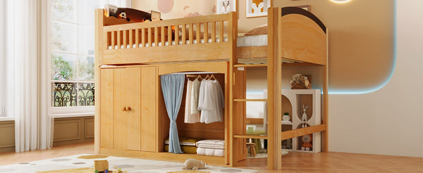 English Elm Twin Loft Bed with Wardrobe Cabinet Led Lighting and Pine Frame for Kids Rooms Wood N7090002236M