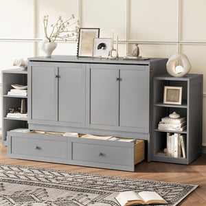 English Elm Full Size Murphy Bed With Stylish Light Gray Finish, Spacious Storage Drawers & Shelves For Versatile Spaces W1580S00252