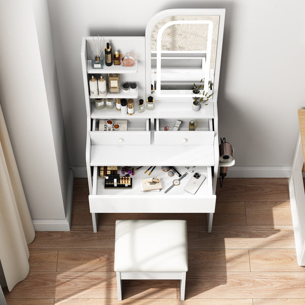 English Elm Fashion Vanity Desk With Lights & Mirror - Elegant Makeup Station With Chair, Hair Dryer Holder, 3 Drawers W509P173273