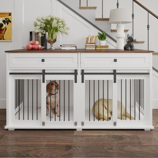 English Elm 63'' Farmhouse Double Dog Crate Furniture with Wood Grain Mdf Build and Storage Drawers W2557P231672