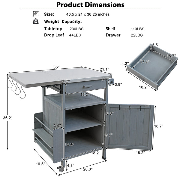 English Elm K&K 40.5" Outdoor Grill Cart with 201 Stainless Top, Solid Fir Storage, Drop Leaf & Lockable Wheels Blue+Grey N707P228272G