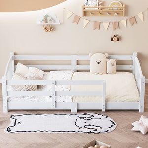 English Elm Twin Montessori Floor Bed Solid Pine Frame with Safety Guardrails for Kids Bedroom White N733P400298K