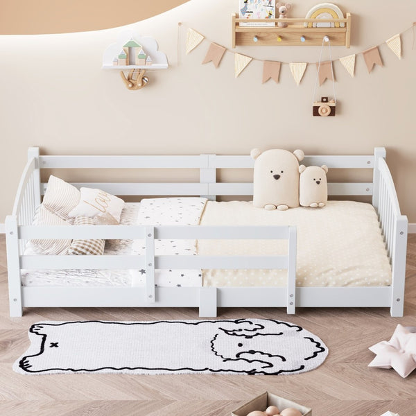 English Elm Twin Montessori Floor Bed Solid Pine Frame with Safety Guardrails for Kids Bedroom White N733P400298K