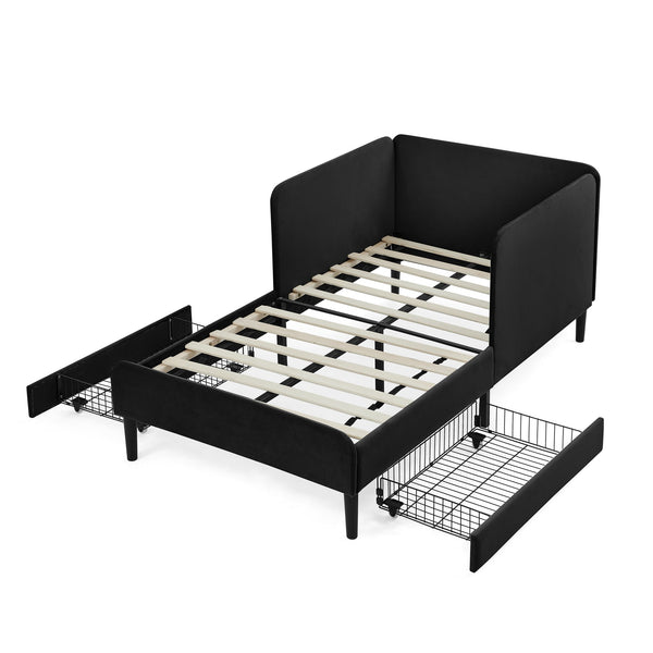 English Elm Twin Velvet Upholstered Platform Bed with 2 Underbed Drawers, Adjustable Sofa Bed, Modern Black Design W1413P298910