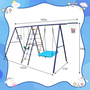 English Elm 6 in 1 Steel A-frame Backyard Swing Set with Climbing Net Trapeze Hammock and Hoop W1408P367263