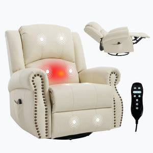 English Elm Heat Massage Rocker Swivel Recliner Chair with Lumbar Relief Nodes for Living Room Beige W3224S00028